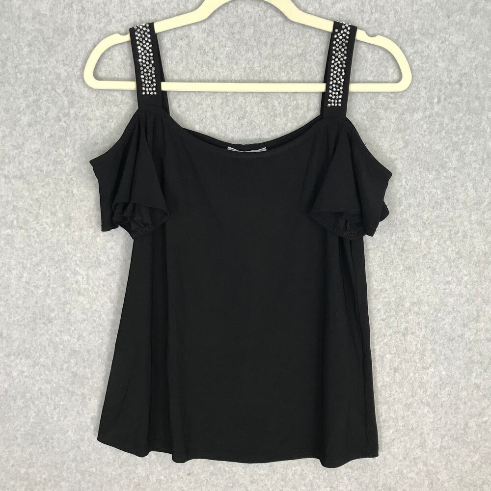 Cold Shoulder Rhinestone Embellished Tank Shirt Small Flowy Soft Stretch *